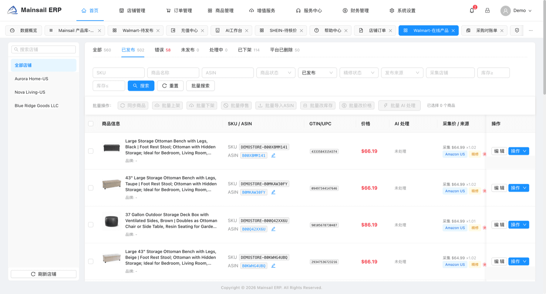 Live listing table with SKU, ASIN, GTIN/UPC, price and sourcing origin